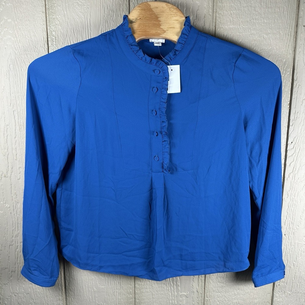 NEW J Crew Long Sleeve Ruffle Detail Blouse Top Womens 14 Blue Classic Workwear